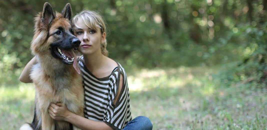 Une femme assise avec un chien dans une forêt 