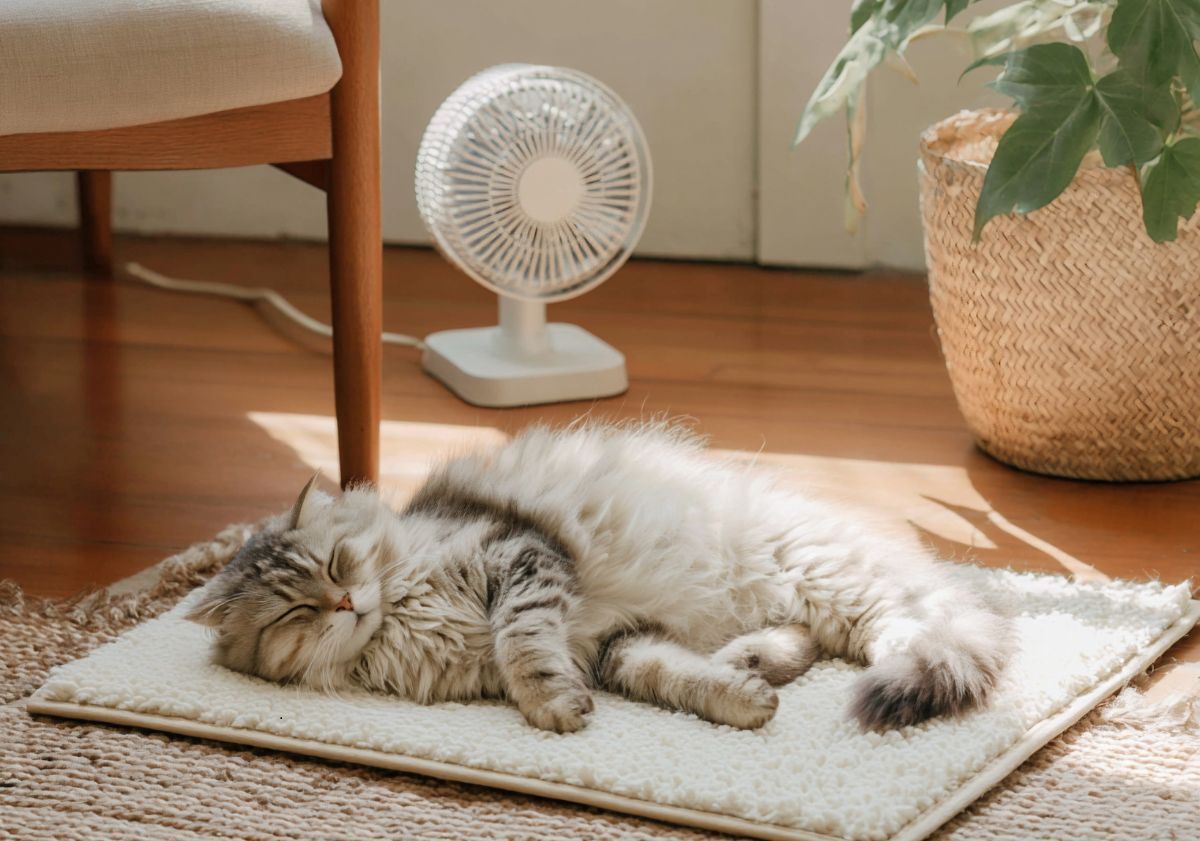 chat à poils longs devant un ventilateur en intérieur