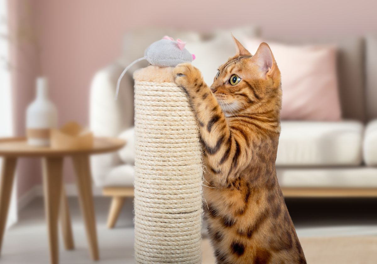 chat tabby roux jouant avec une souris