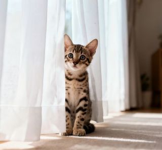 chaton tabby à côté du rideau de fenêtre