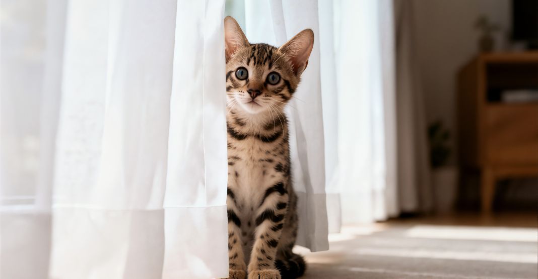 chaton tabby à côté du rideau de fenêtre