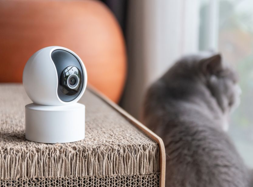 chat près de la fenêtre avec une caméra de surveillance