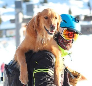 maître-chien d'avalanche avec son chien sur les épaules