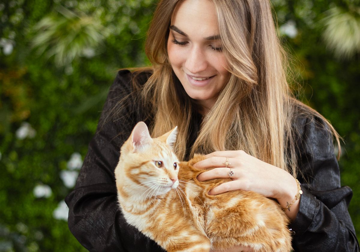 Chat européen roux tenu par sa maîtresse