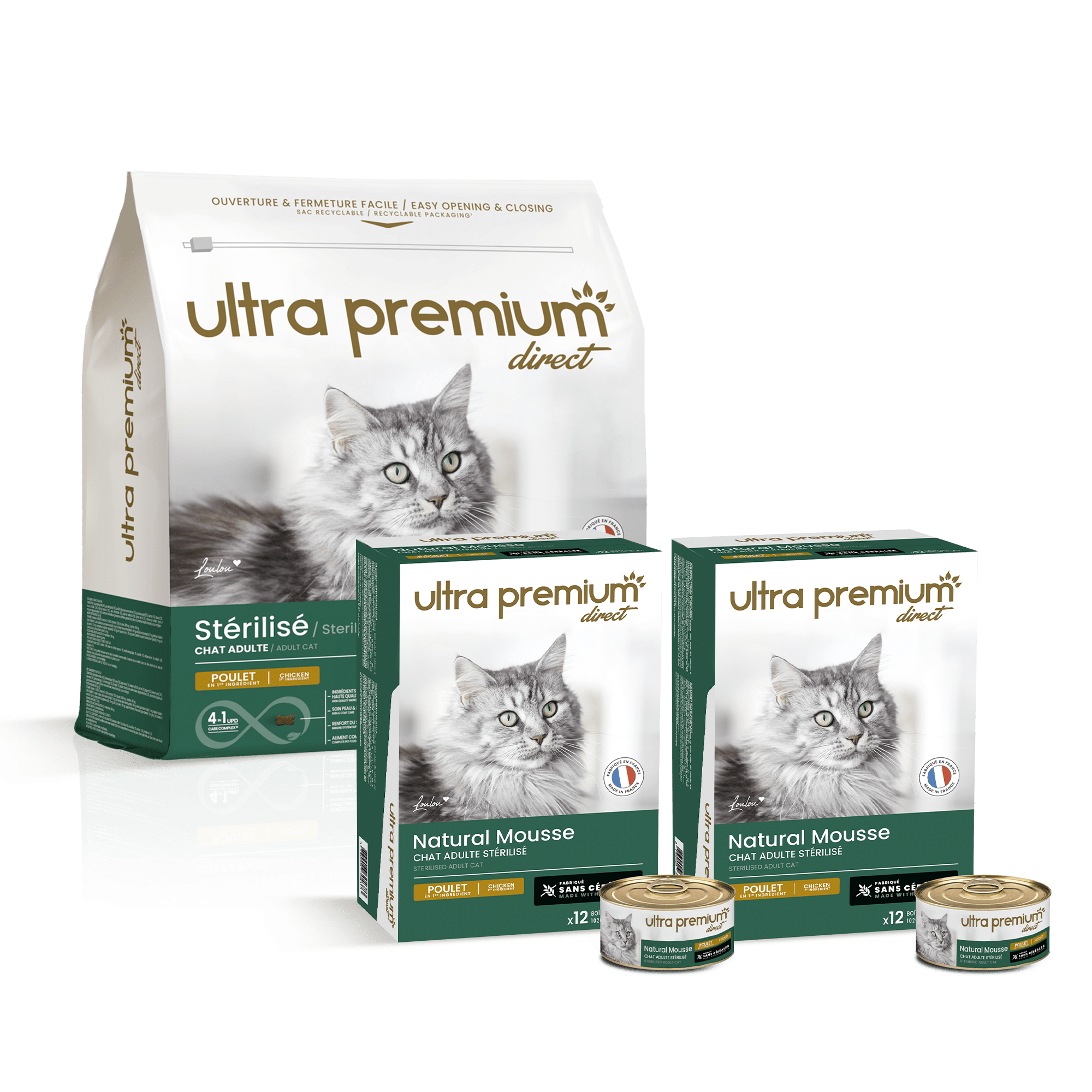 Pack binutrition chat stérilisé 7 kg croquettes sans céréales poulet + 72 boîtes de mousse