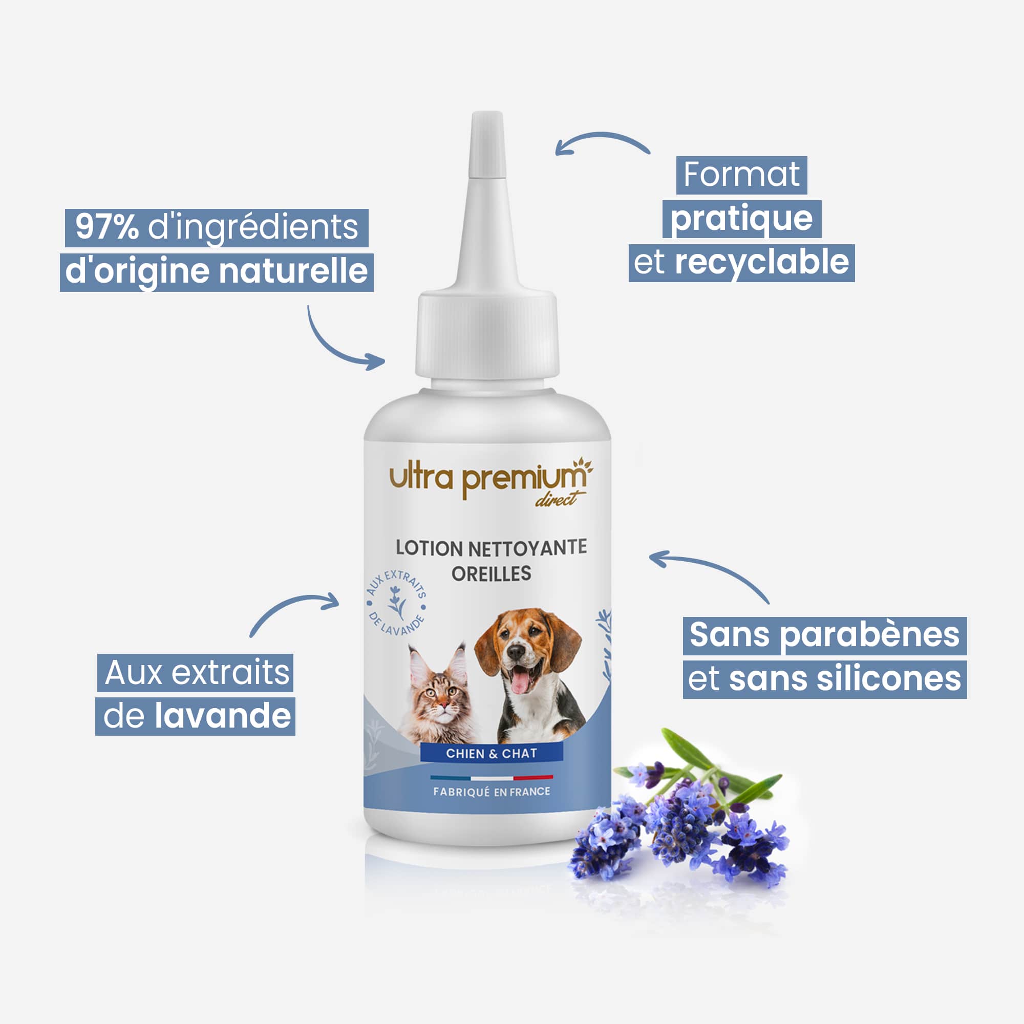 Lotion nettoyante oreilles pour chien et chat - Ultra Premium Direct