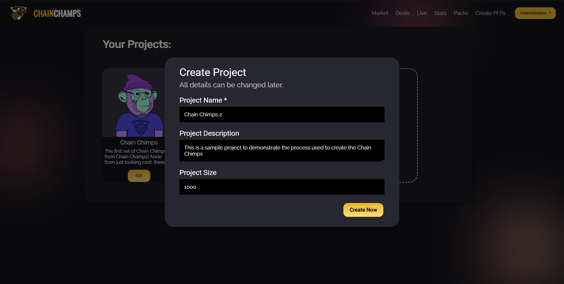 Create project pop-up dialog