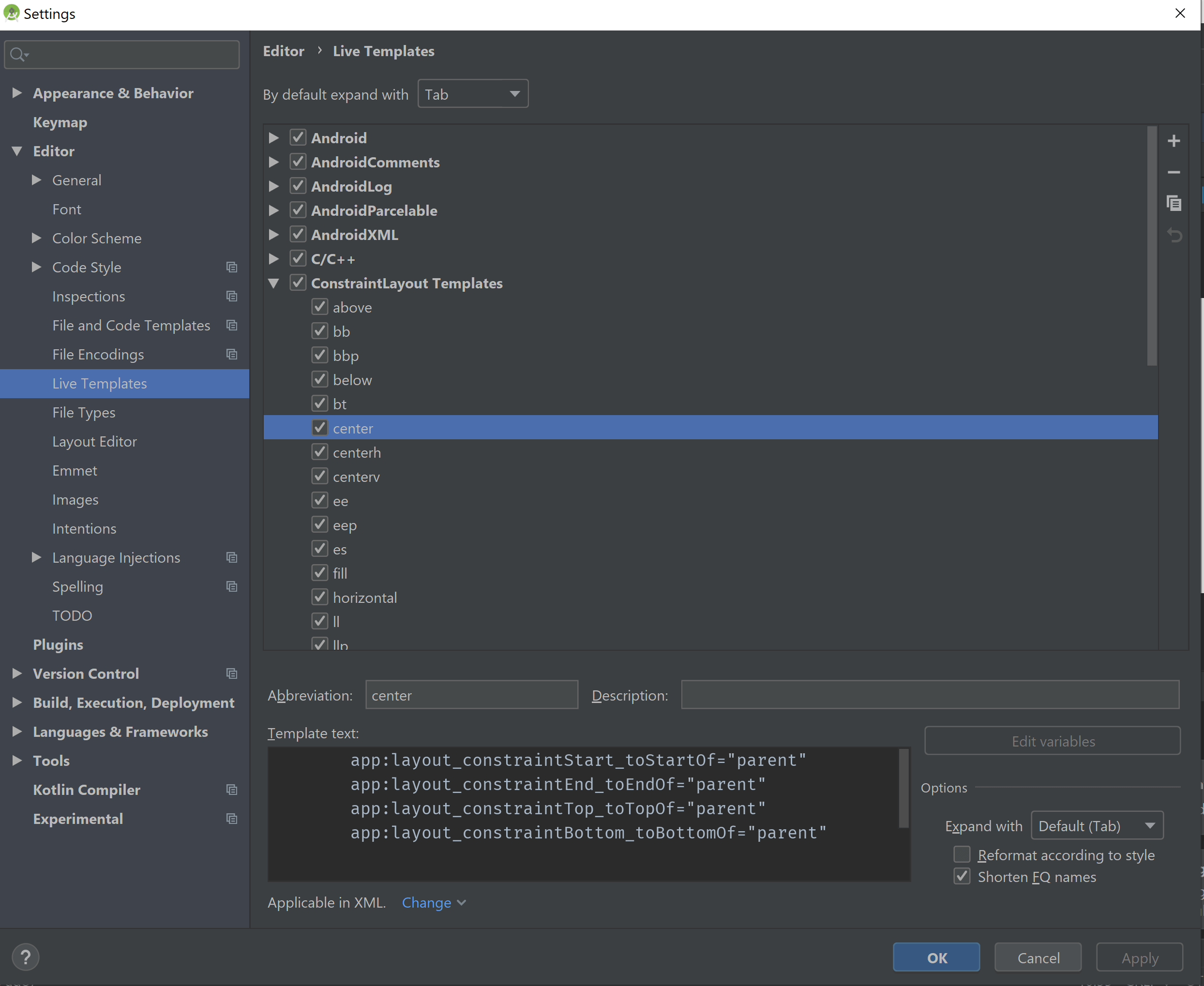 ConstraintLayout Live Templates in Android Studio Settings