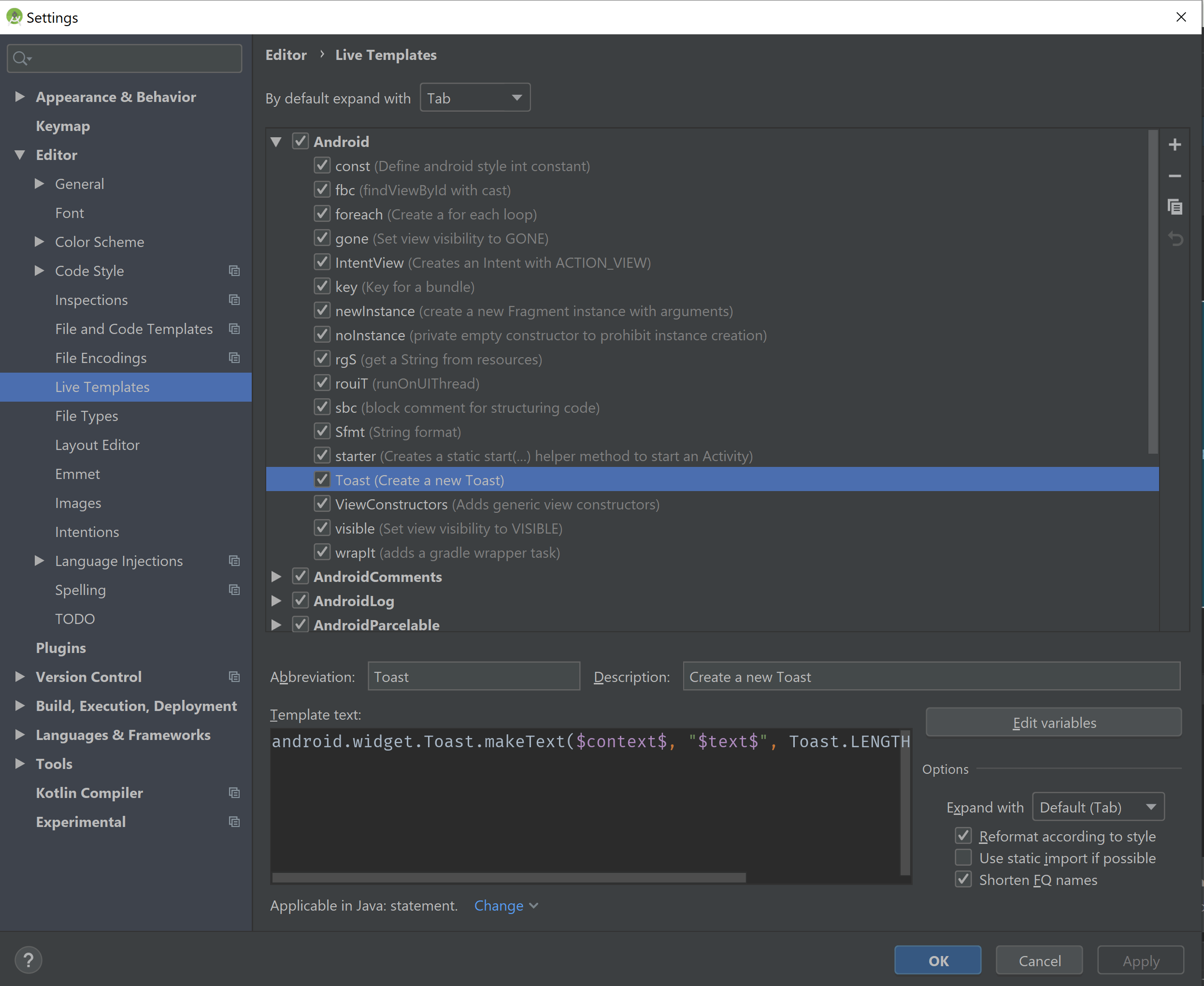 Live Templates in Android Studio Settings