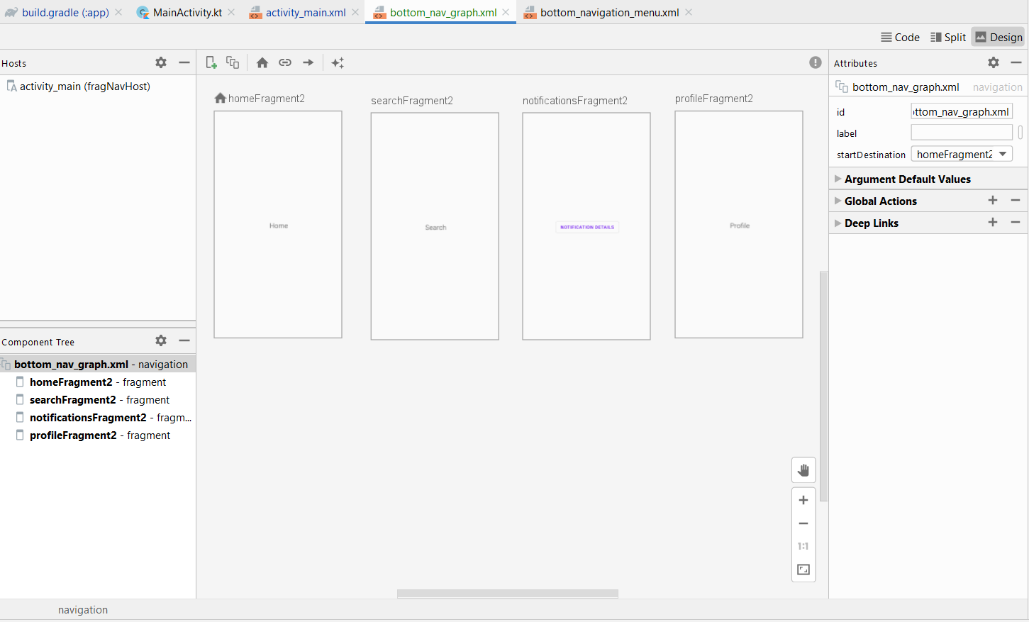 Main 4 Screens of Bottom Navigation in Navigation Design View