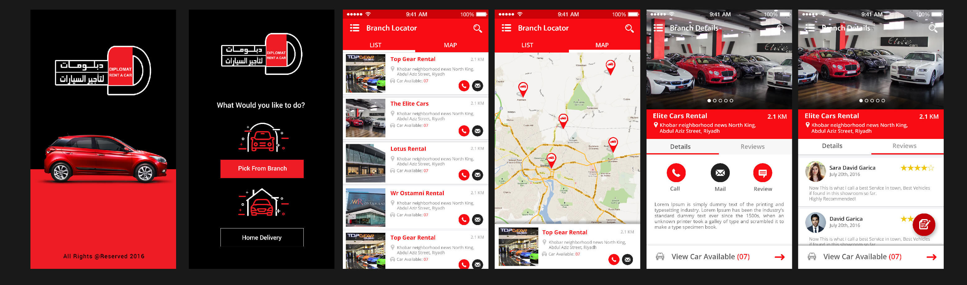 Some Screens of Car Rentals App