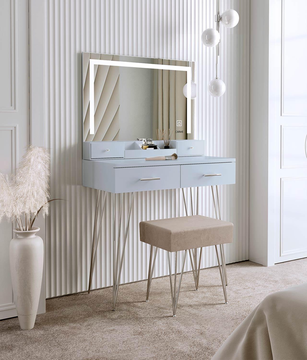 CARME Sophia Grey Dressing Table with Touch Sensor LED Mirror