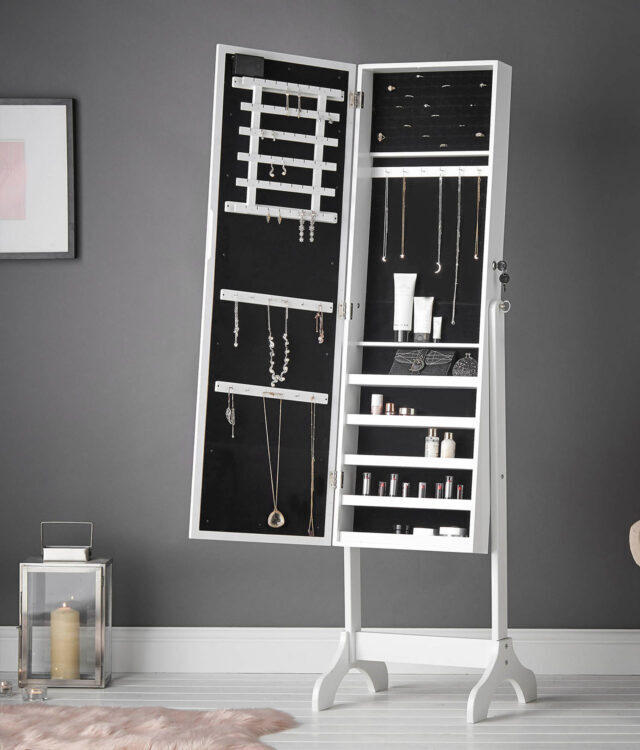 Ritz White Mirror Jewellery Cabinet with Lights