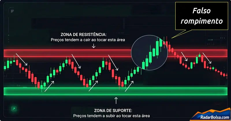 Gráfico mostrando suporte, resistência e zonas de preço relevantes com exemplos de rompimento e rejeição