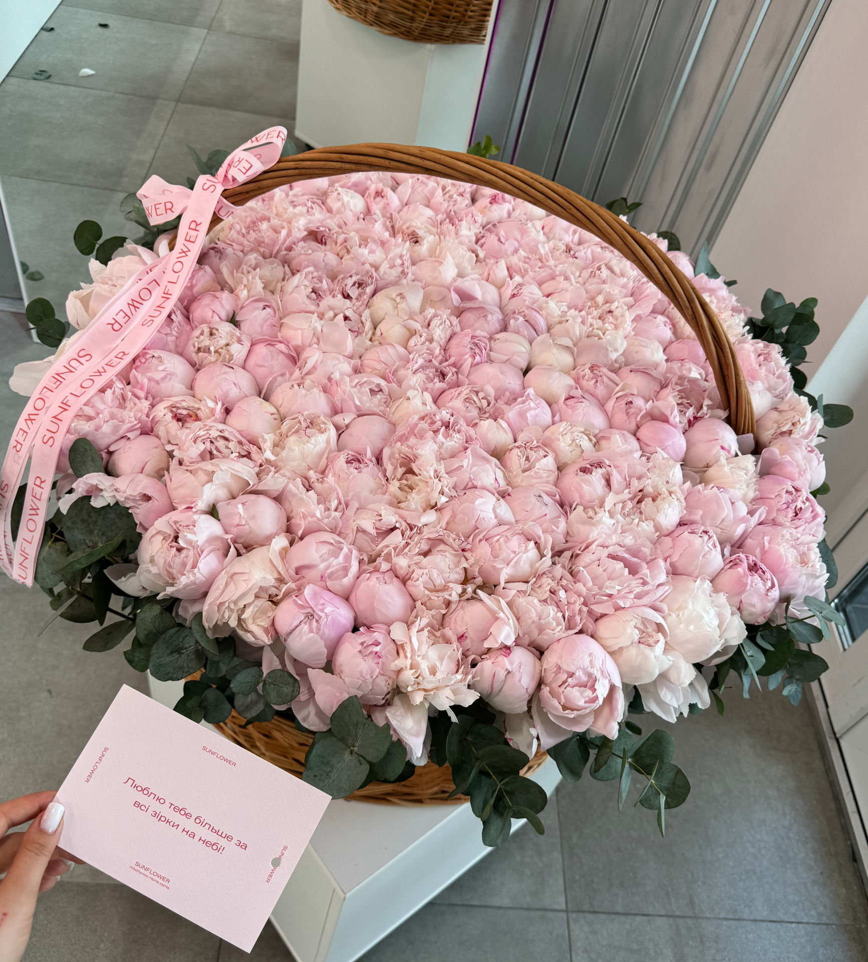XL basket with delicate peonies and eucalyptus