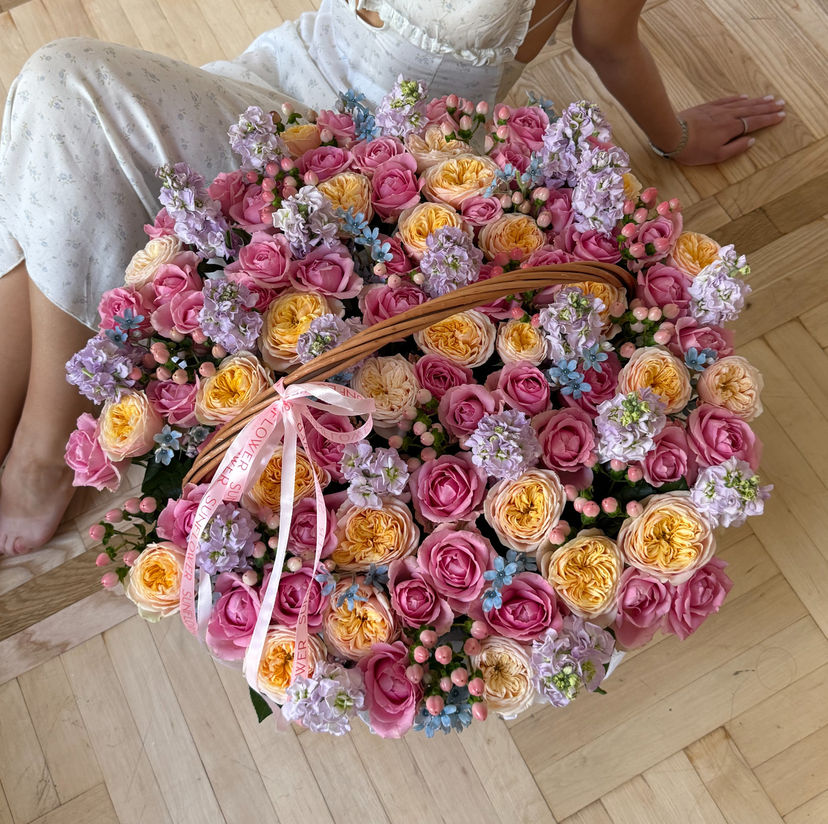 Rose & Stock Flower Basket Arrangement