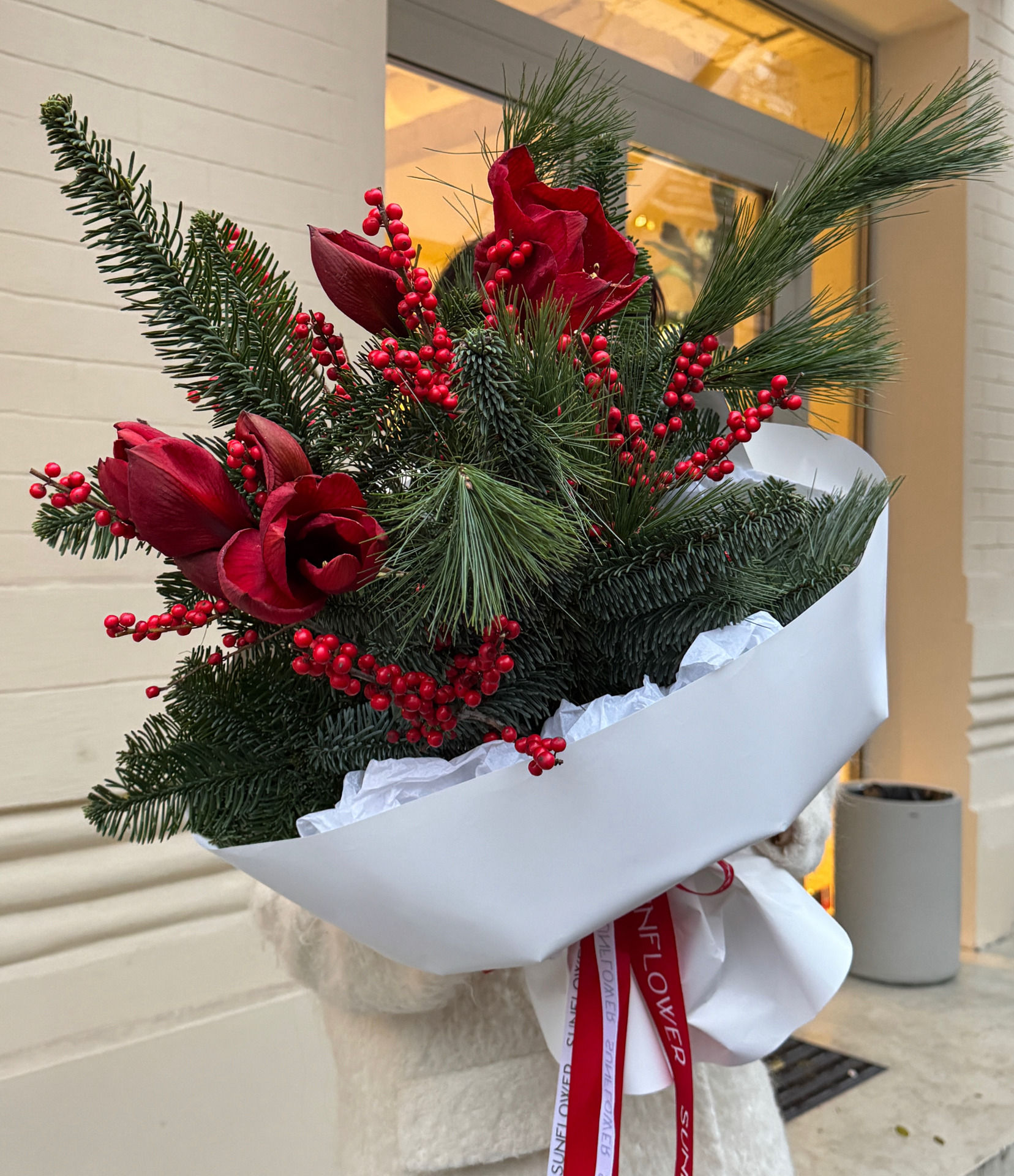 Bouquet of pine needles, holly and red amaryllis