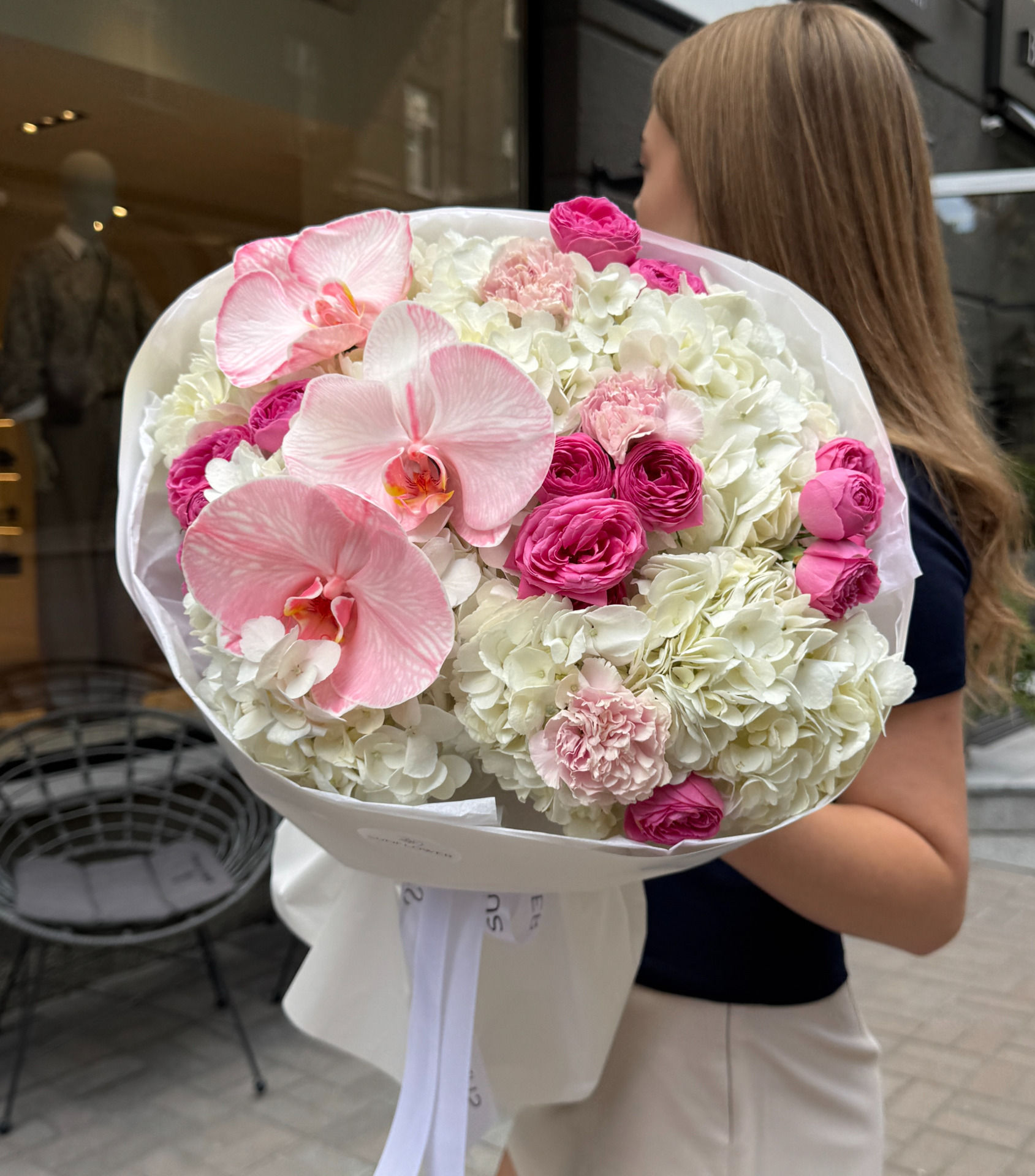 A bouquet of hydrangeas, soft pink roses, and pink orchids.