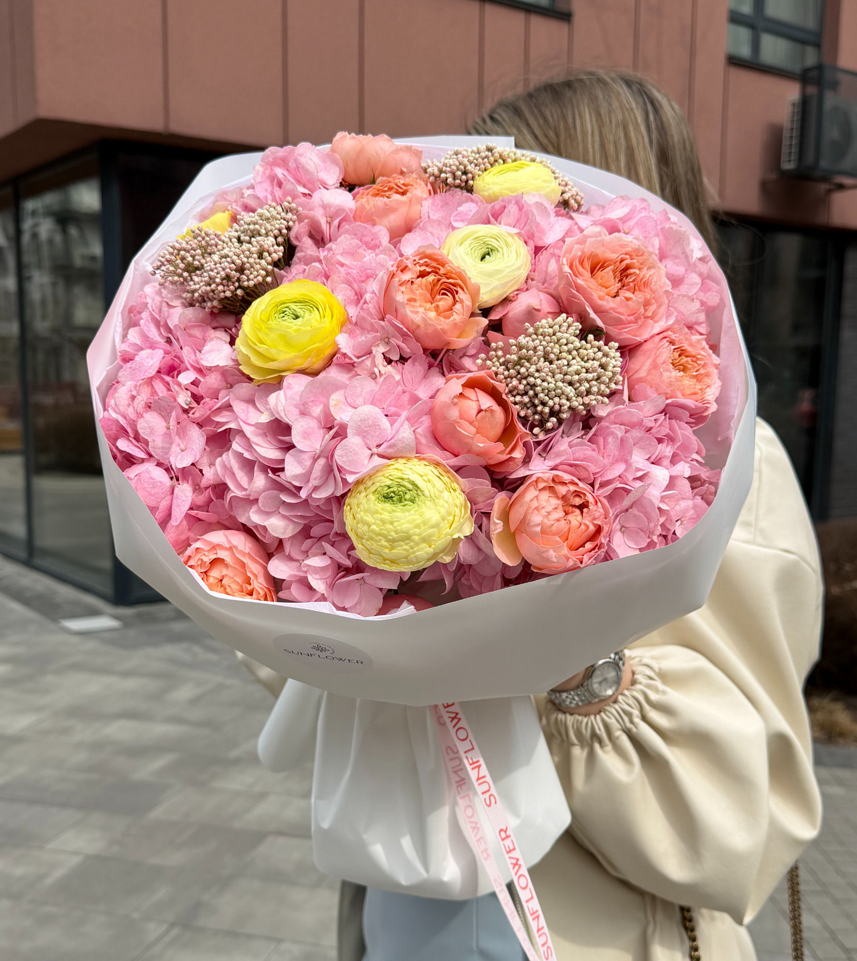 Bright bouquet S with hydrangeas and yellow ranunculus