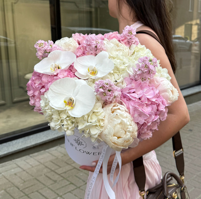 Hydrangea, Orchid & Peony Box Arrangement