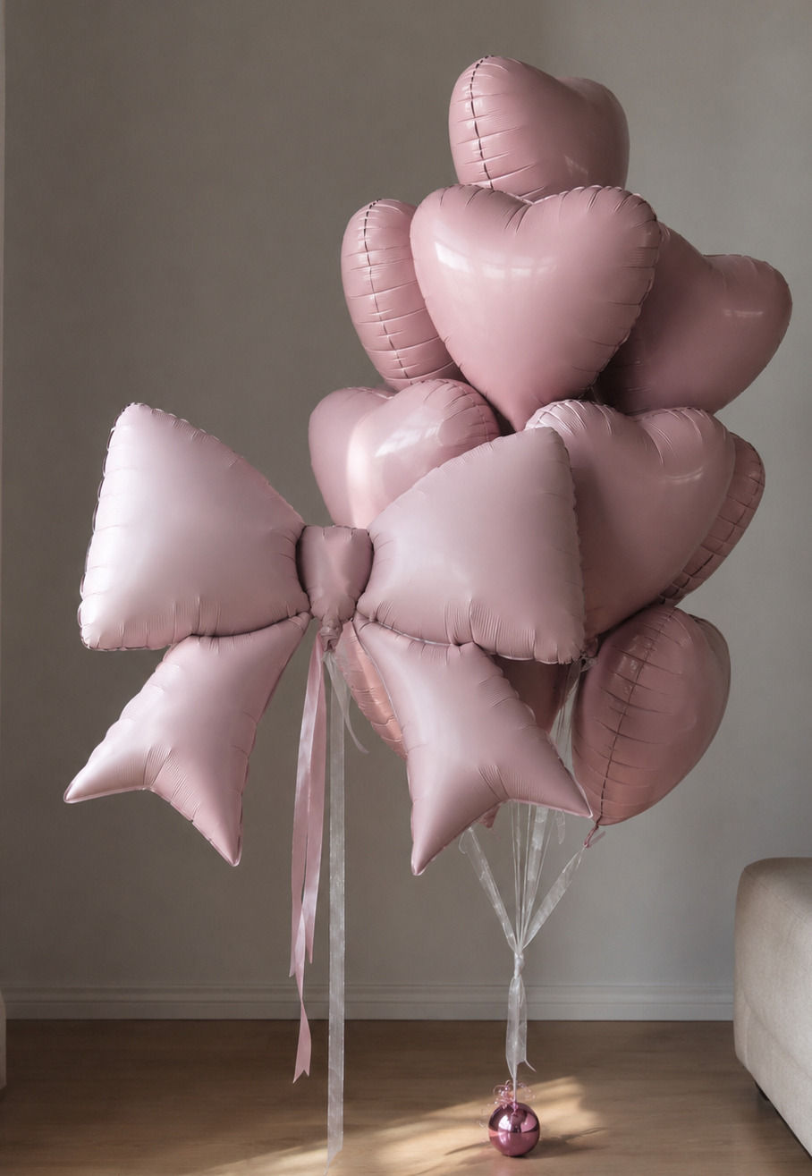 Set of balloons with bow + pink hearts