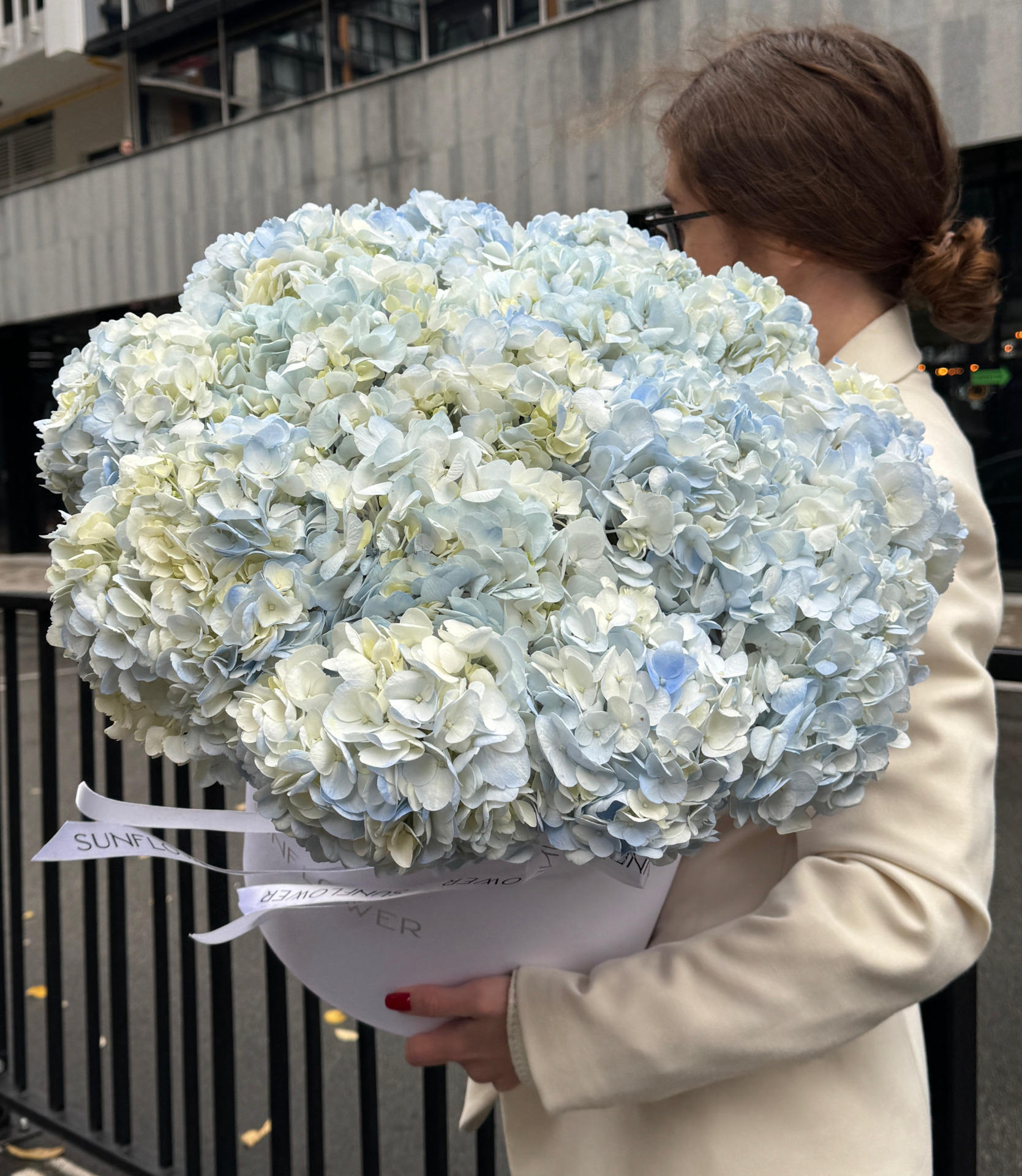Box of blue hydrangeas