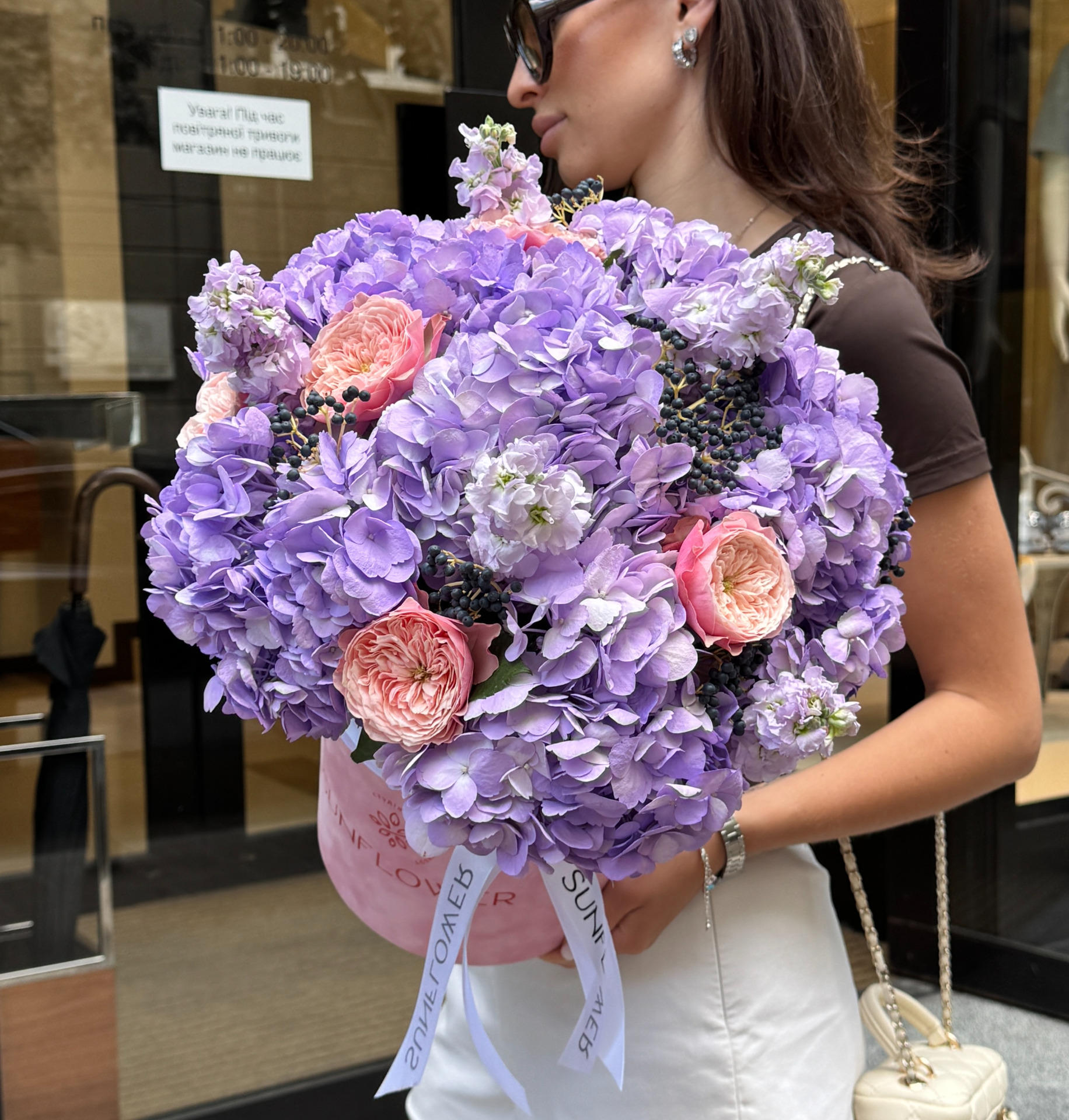 Lavender Hydrangea with Roses in a Pink Velvet Box