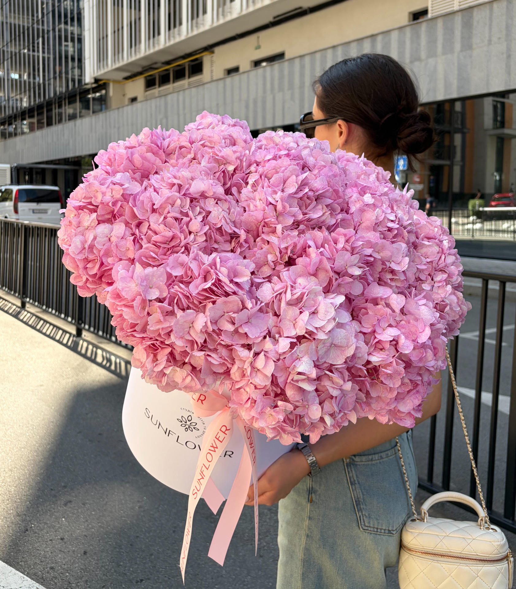 Box of pink hydrangeas