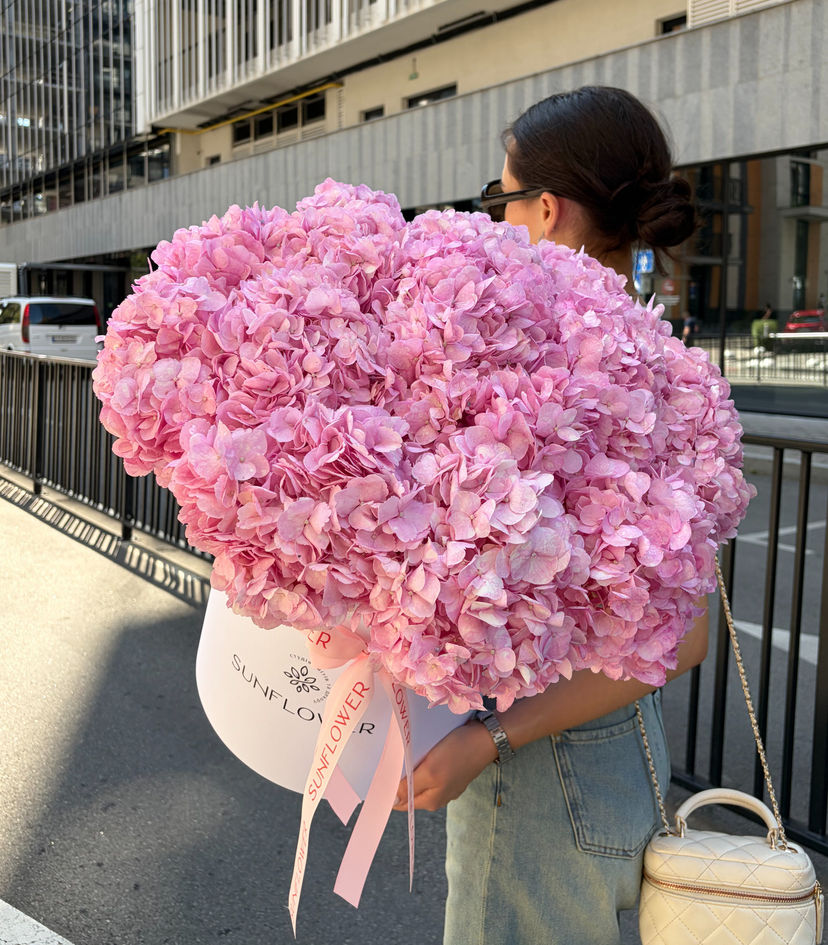 Box of pink hydrangeas