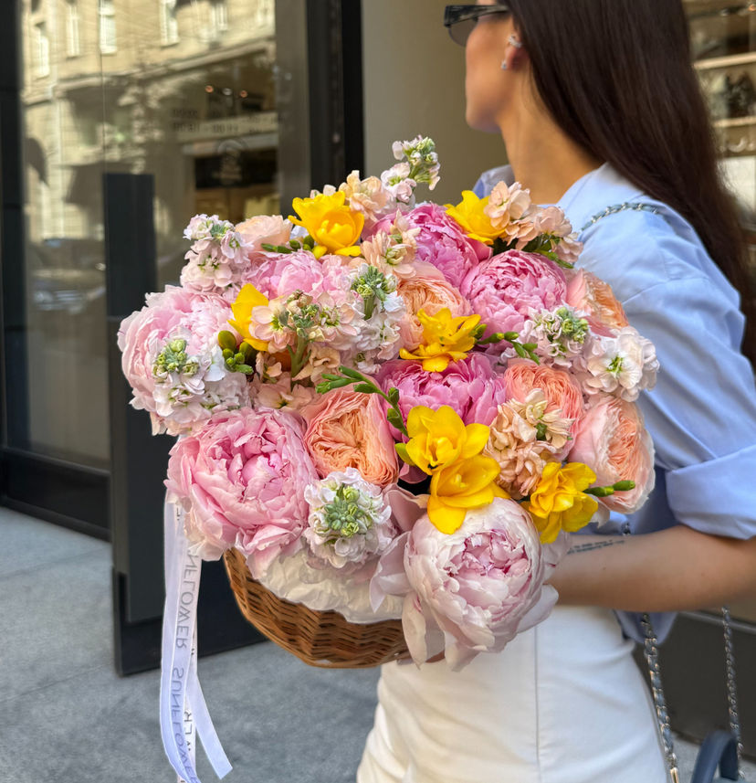 Peony & Rose Basket Arrangement