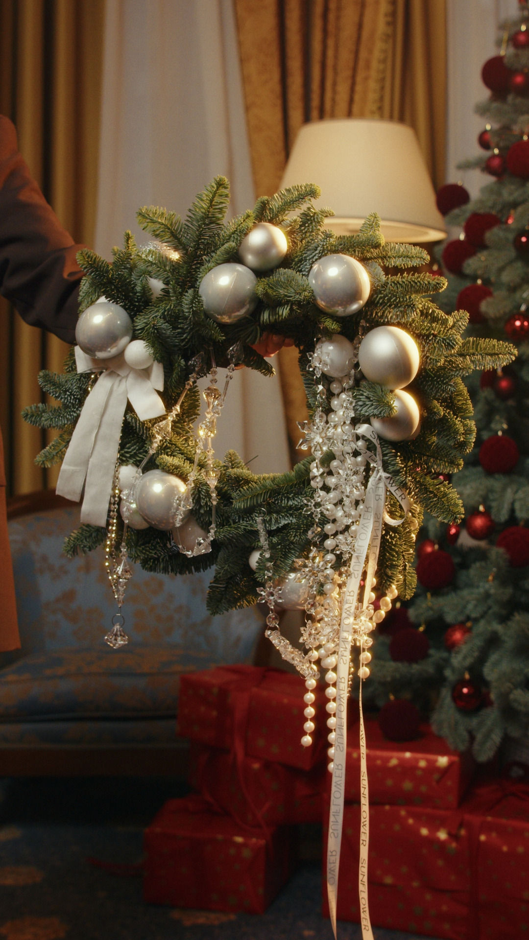 Silver & White Christmas Wreath with Crystal Accents