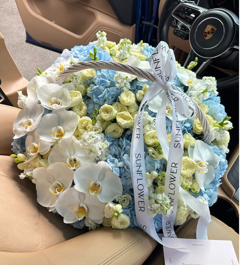 Flower Basket with Orchids & Blue Hydrangeas