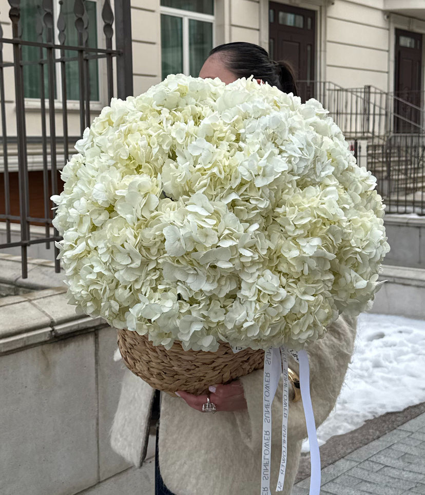 Basket M with white hydrangeas