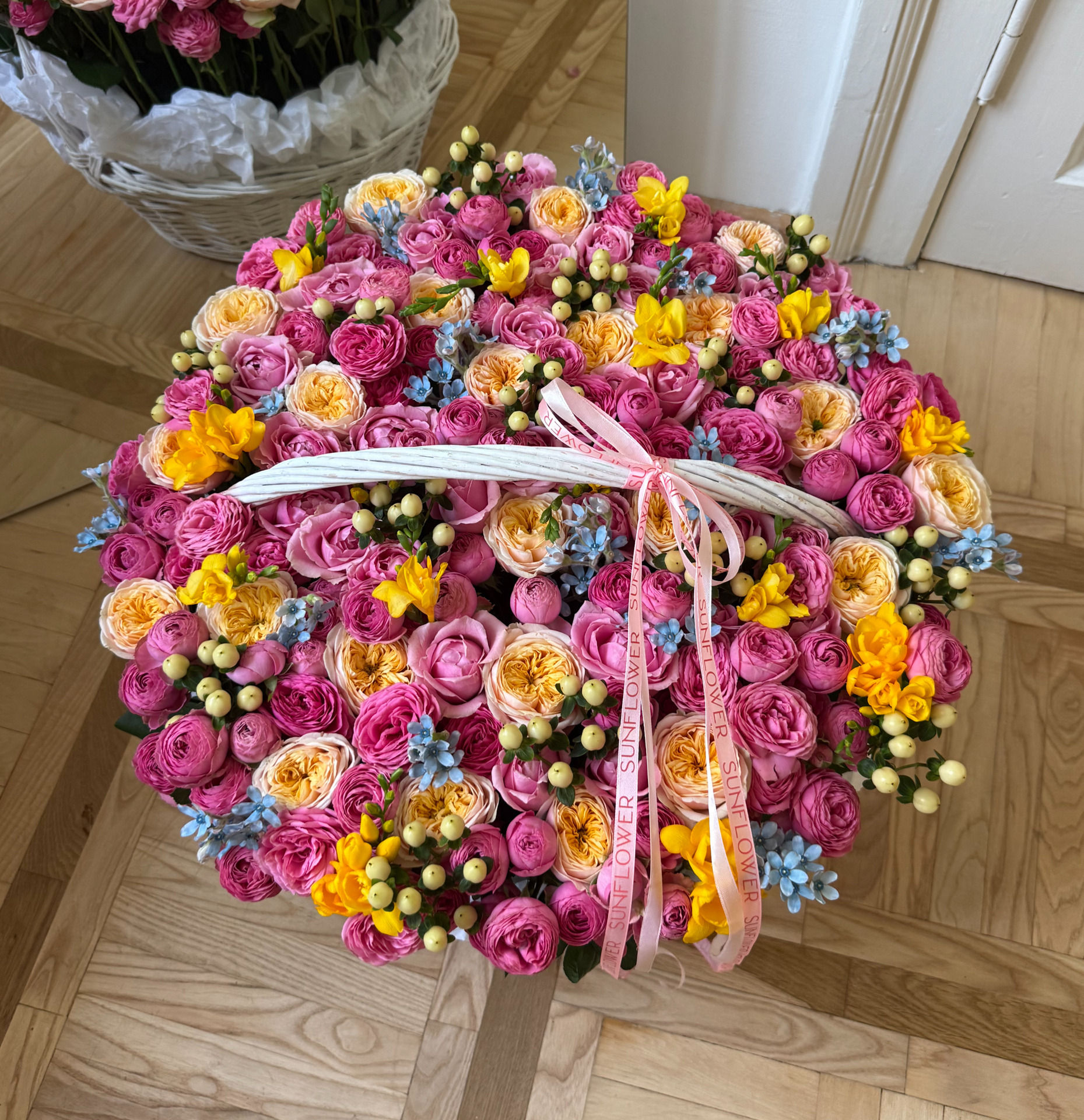 Peony Rose Flower Basket Arrangement
