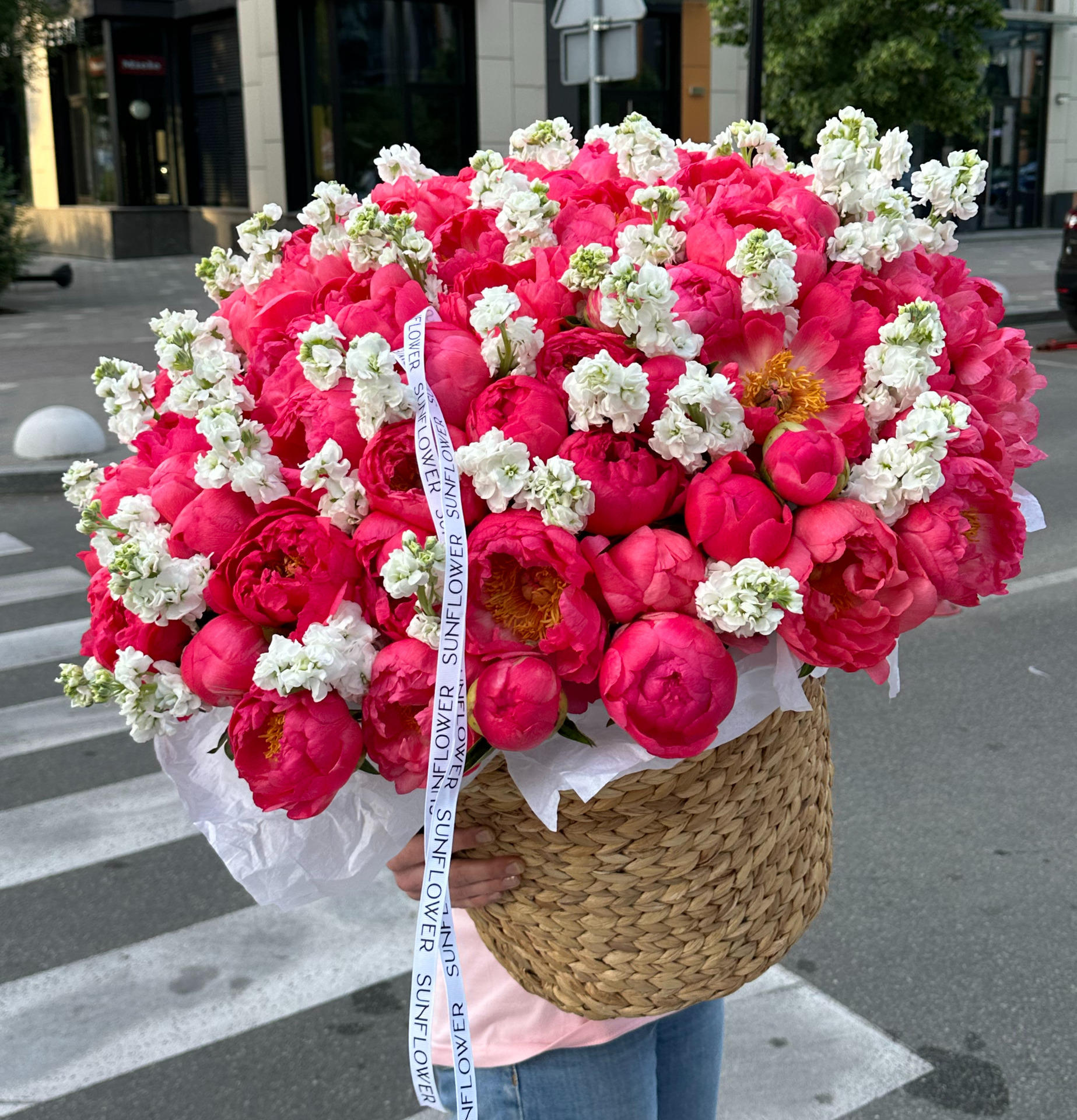 Basket M with coral peonies and mattiola