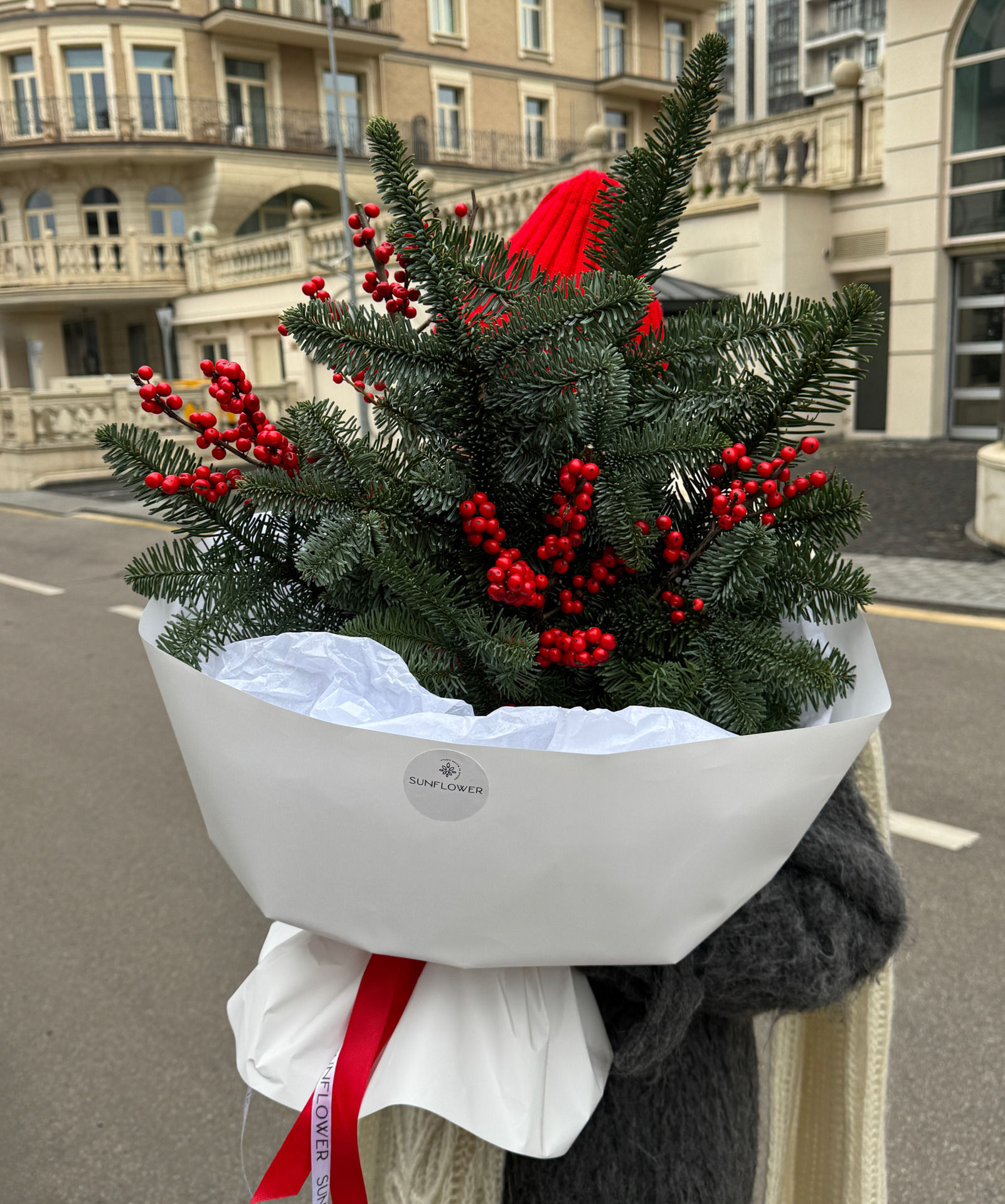 Natural bouquet of needles and holly
