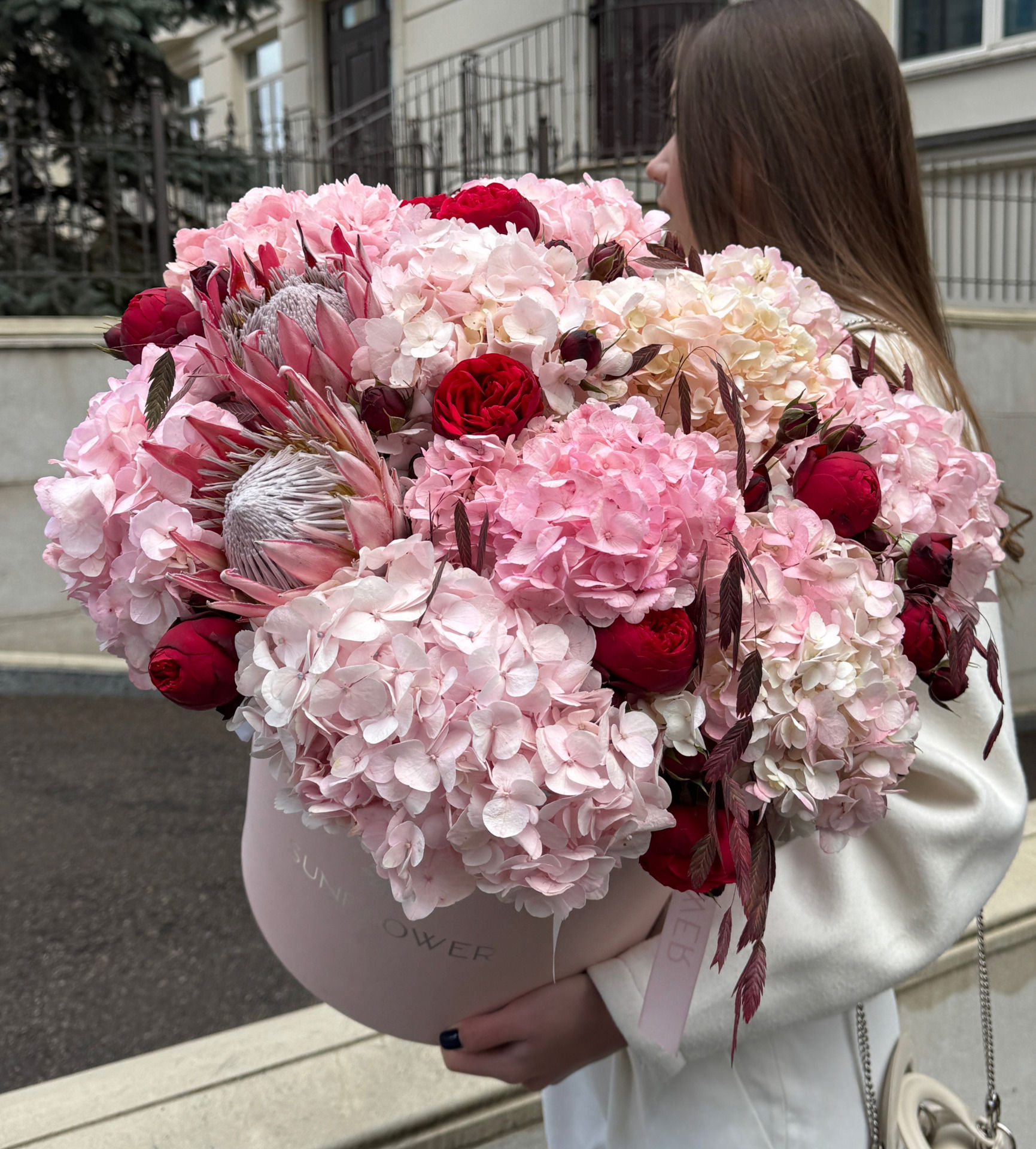 Box S with protea and pink hydrangea