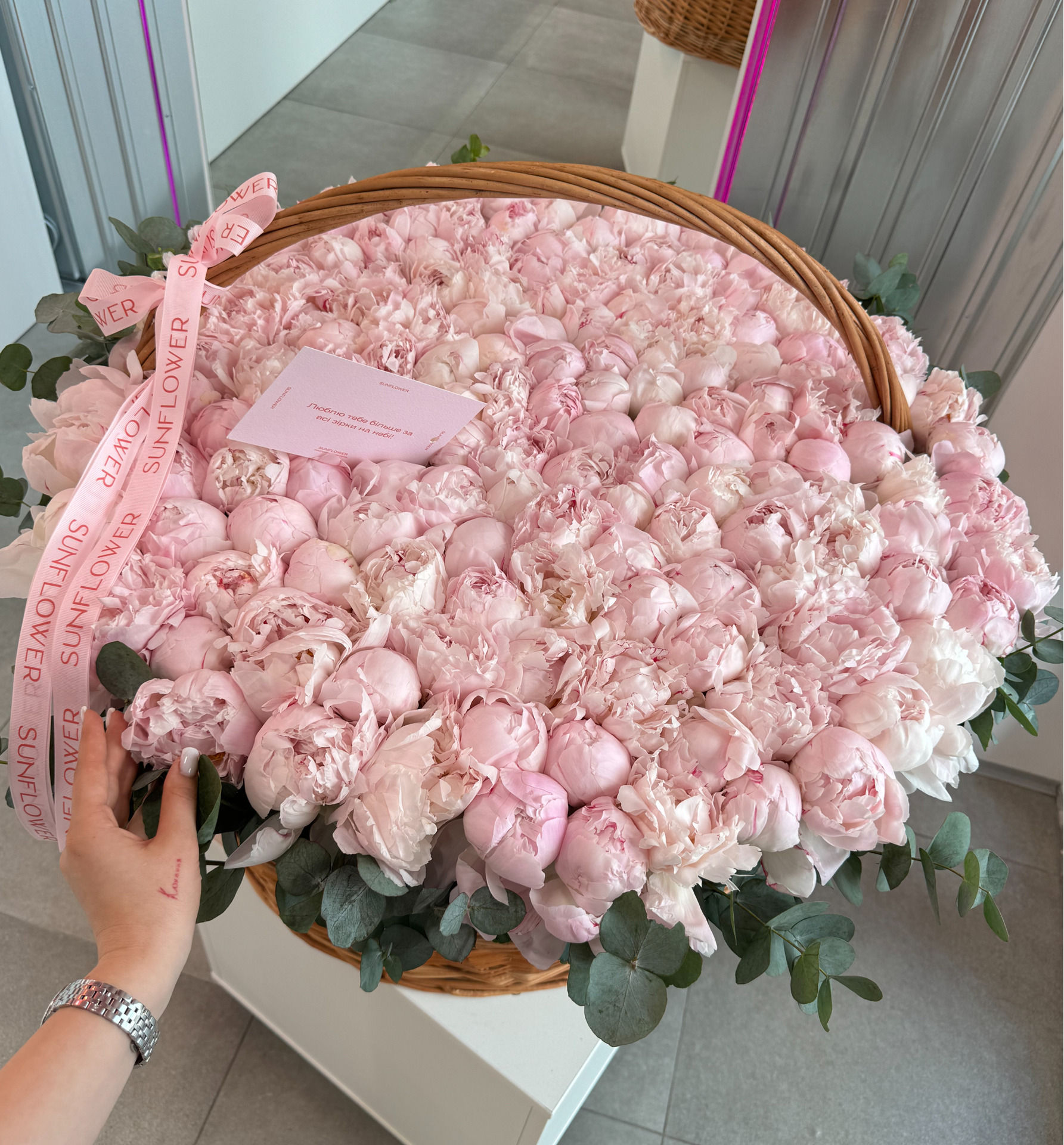 XL basket with delicate peonies and eucalyptus