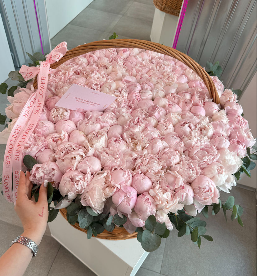 XL basket with delicate peonies and eucalyptus