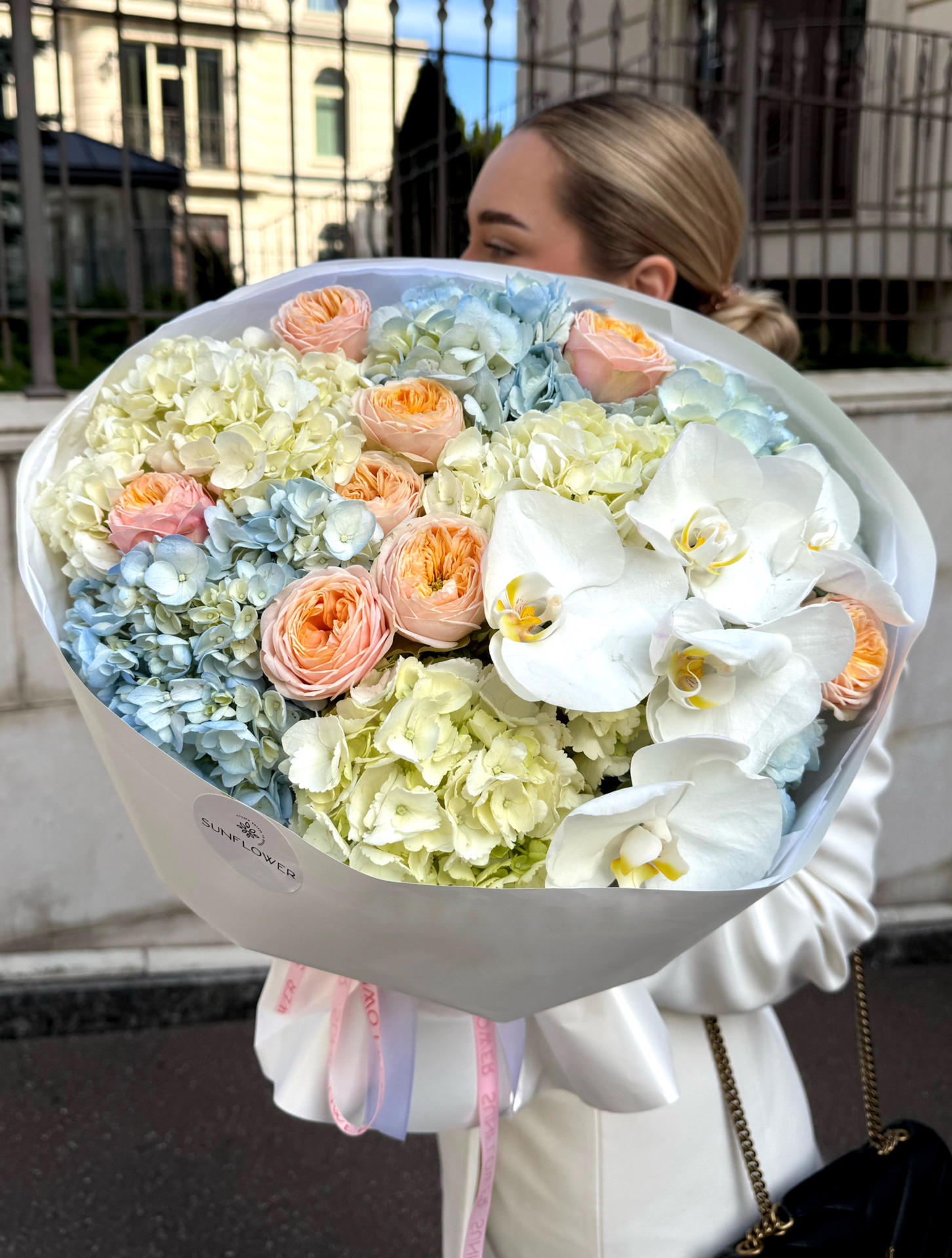 Small Bouquet with Orchid, Hydrangea & Peach Roses (Size S)