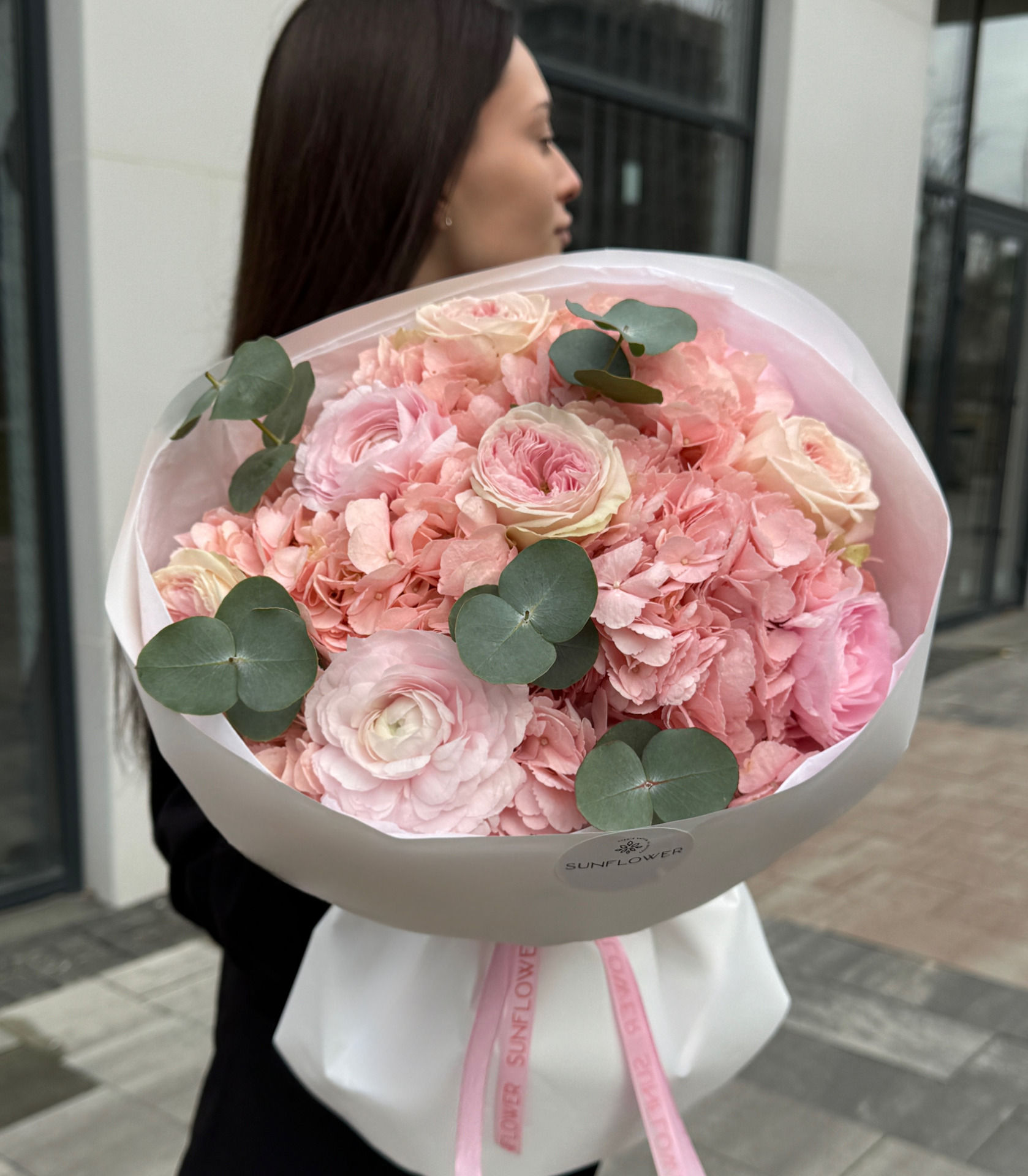 S-size bouquet with hydrangeas and eucalyptus