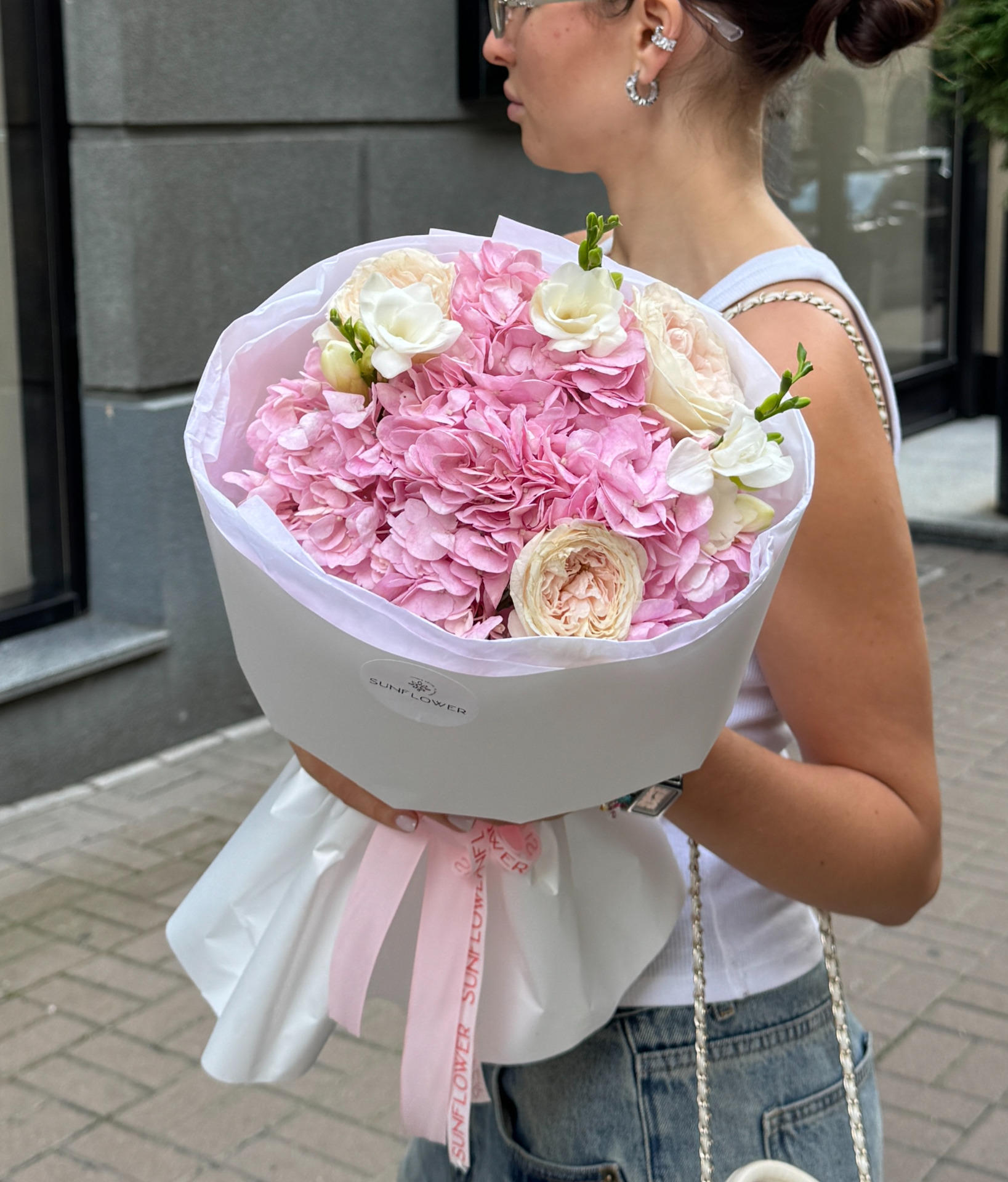 Pink Hydrangea Bouquet with Bal Dream Roses and Freesia