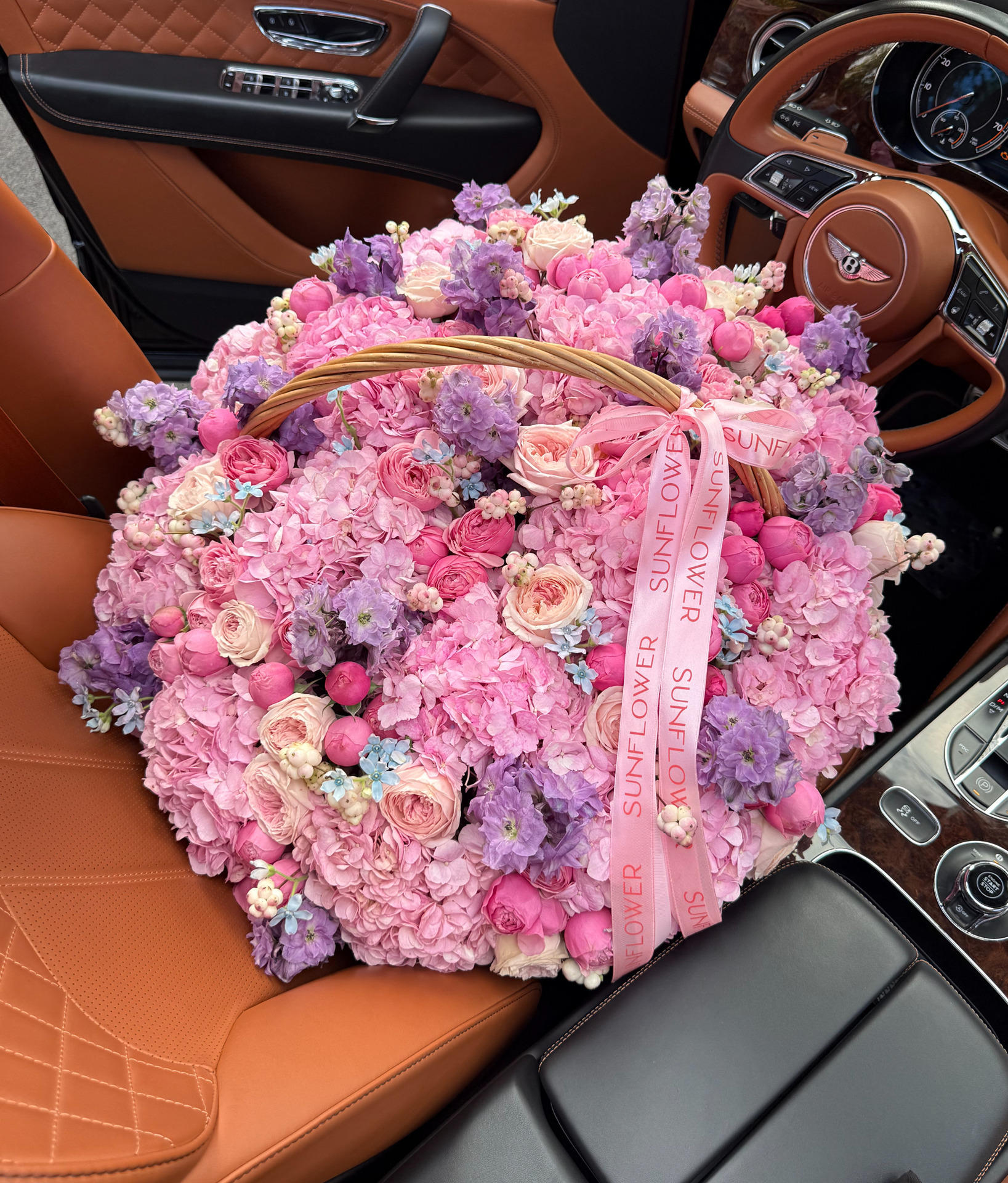 Flower Basket with Hydrangea, Roses & Delphinium