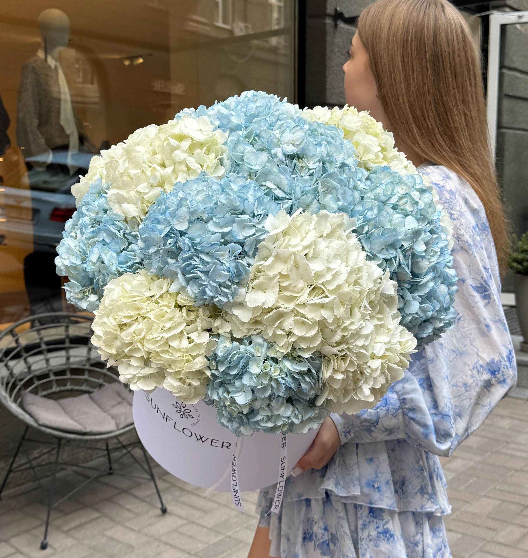 White & Blue Hydrangea Arrangement
