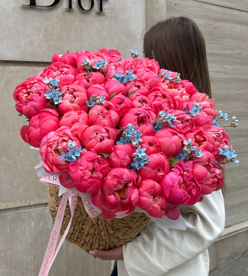 Basket of Coral Charm peonies and occipitals