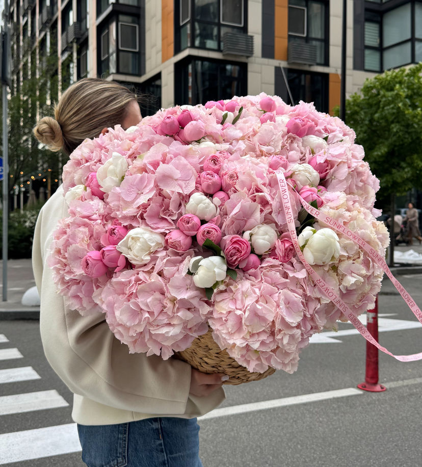 Peony, Hydrangea & Rose Basket Arrangement
