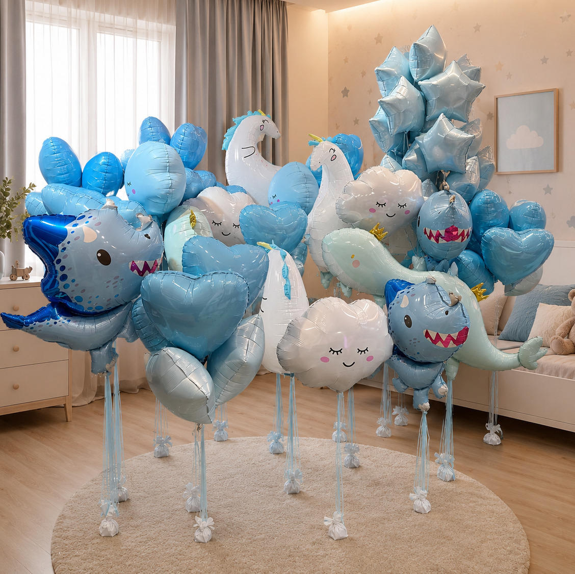 A set of foil balloons in shades of blue