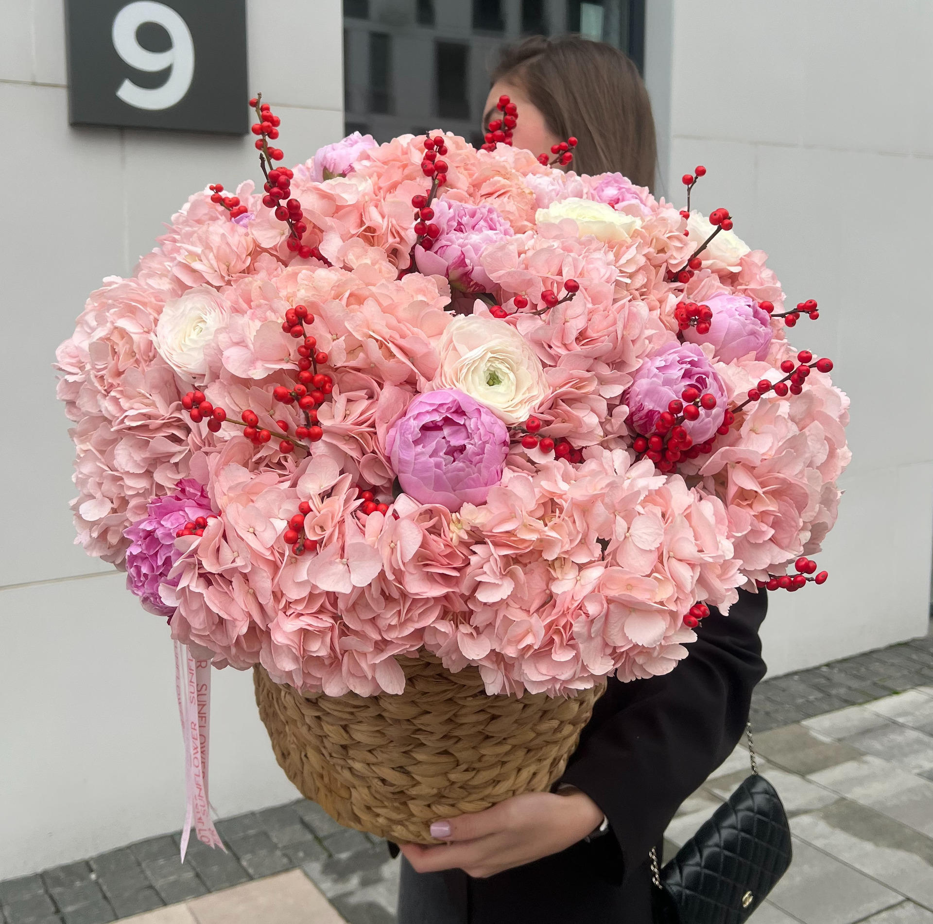 Basket M with peonies and holly