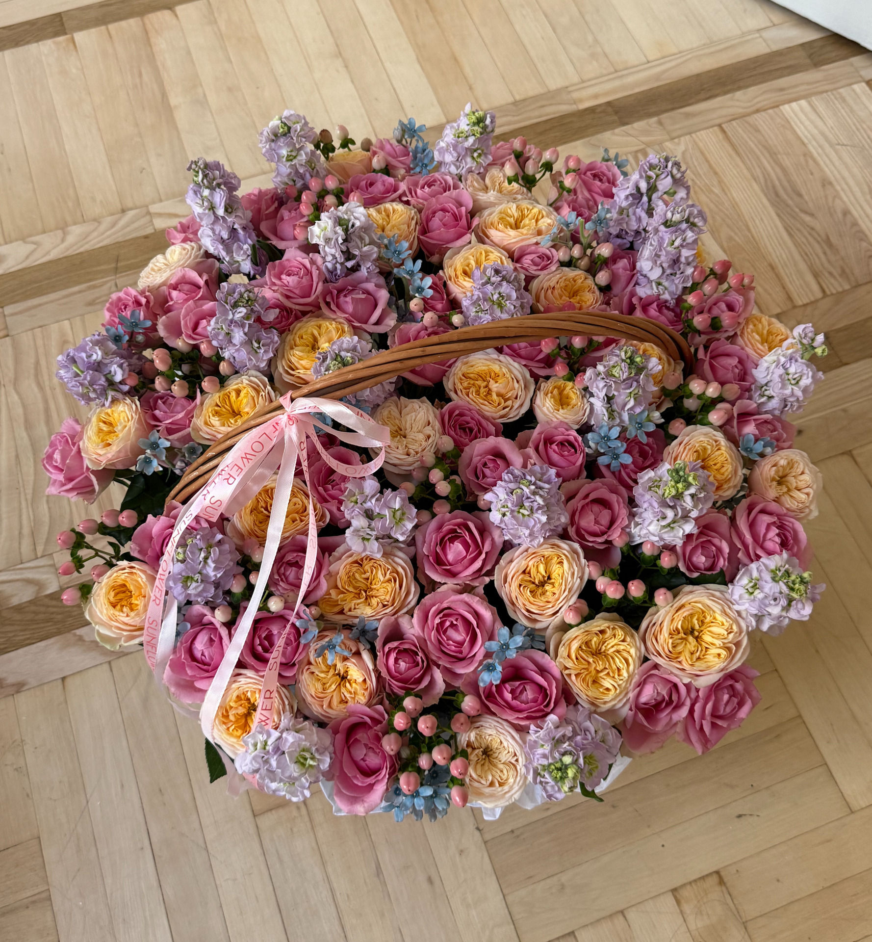 Rose & Stock Flower Basket Arrangement