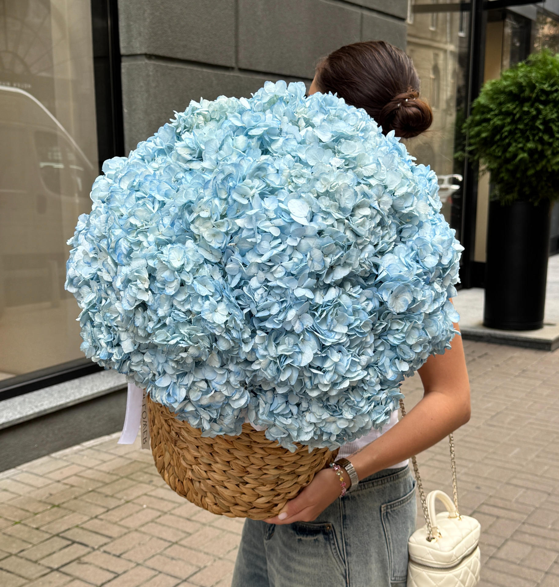 Blue Hydrangeas in a Woven Basket